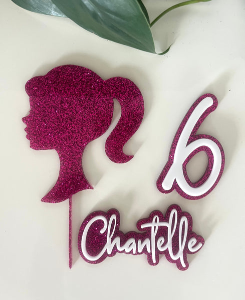 Hot Pink Glitter Girls Custom Cake  Topper Set