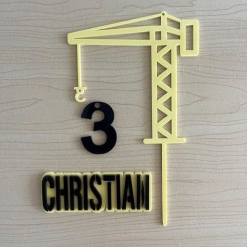 Personalised Construction Crane, Age and Charm Cake Topper Set