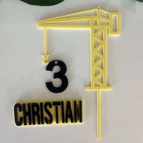 Personalised Construction Crane, Age and Charm Cake Topper Set